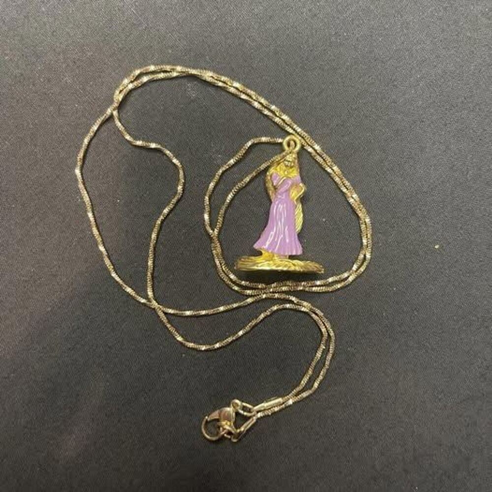 Disney Rapunzel Tangled Pendant Gold Tone Purple Enamel 19.5" Long Necklace